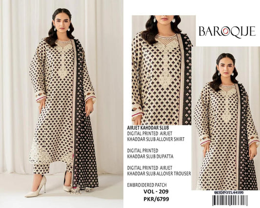 Baroque – VOL - 209 (Geometric Grid) | Digital Printed Airjet Khaddar Slub