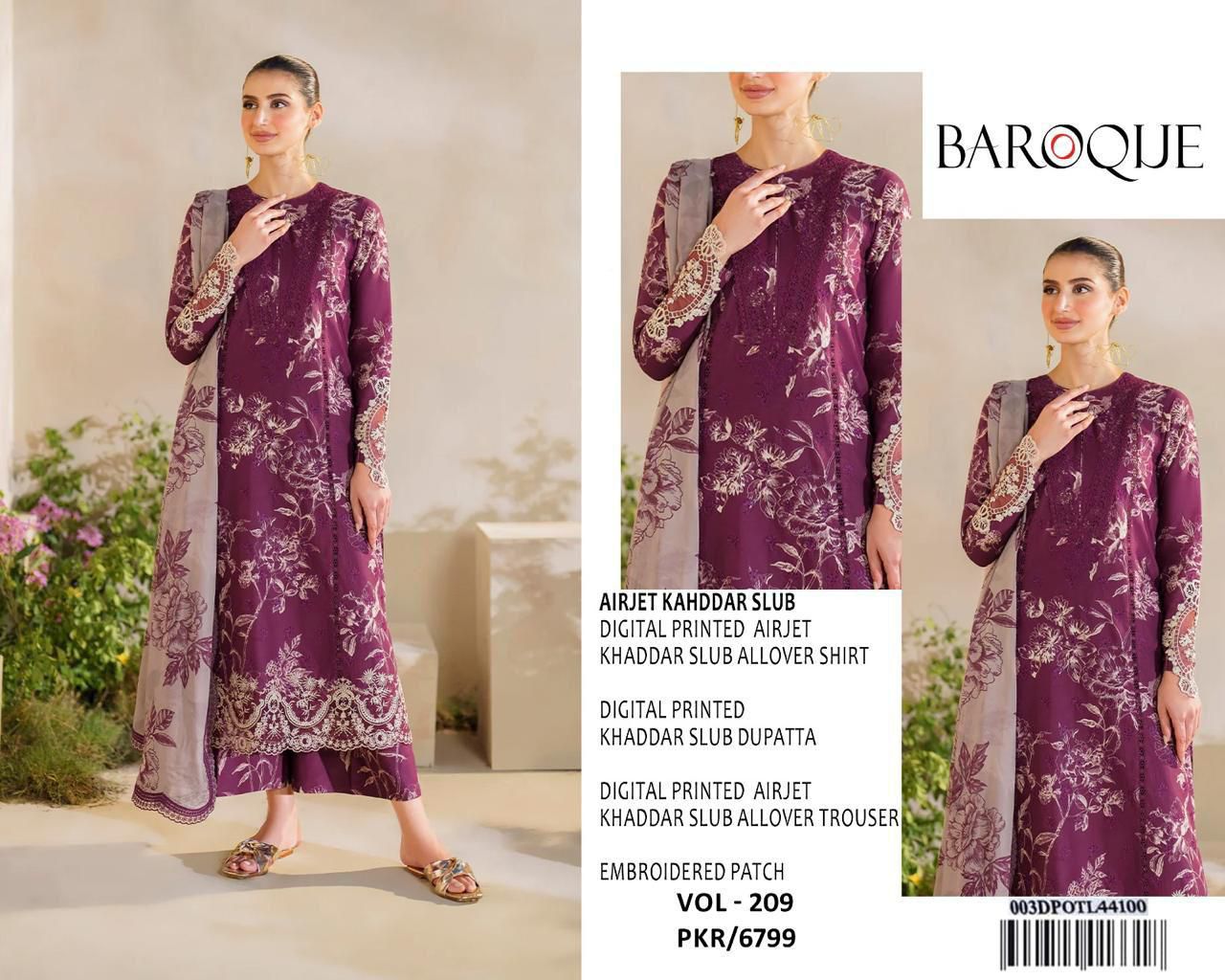 Baroque – VOL - 209 (Plum Floral) | Digital Printed Airjet Khaddar Slub