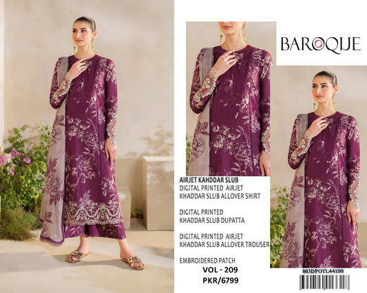 Baroque – VOL - 209 (Plum Floral) | Digital Printed Airjet Khaddar Slub