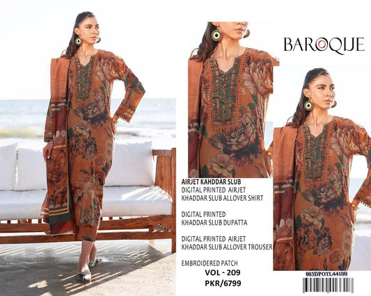 Baroque – VOL - 209 (Terracotta Floral) | Digital Printed Airjet Khaddar Slub