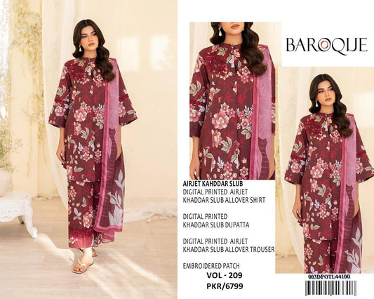 Baroque – VOL - 209 (Maroon Floral) | Digital Printed Airjet Khaddar Slub
