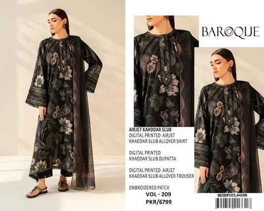 Baroque – VOL - 209 (Dark Forest Floral) | Digital Printed Airjet Khaddar Slub