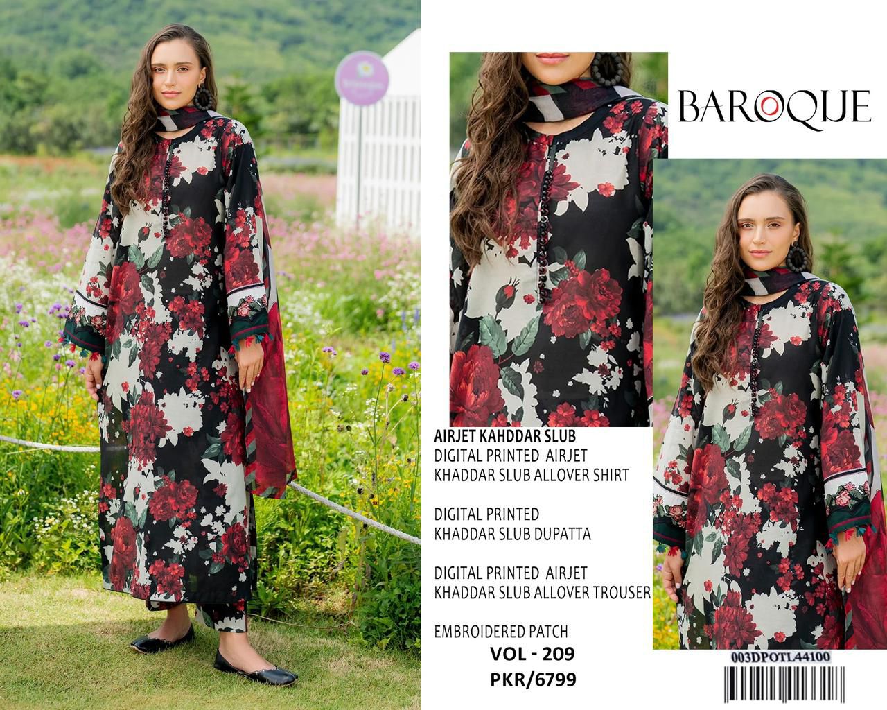 Baroque β VOL - 209 (Dark Floral) | Digital Printed Airjet Khaddar Slub