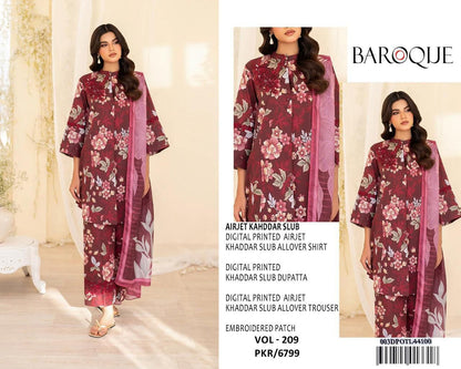 Baroque – VOL - 209 (Maroon Floral) | Digital Printed Airjet Khaddar Slub