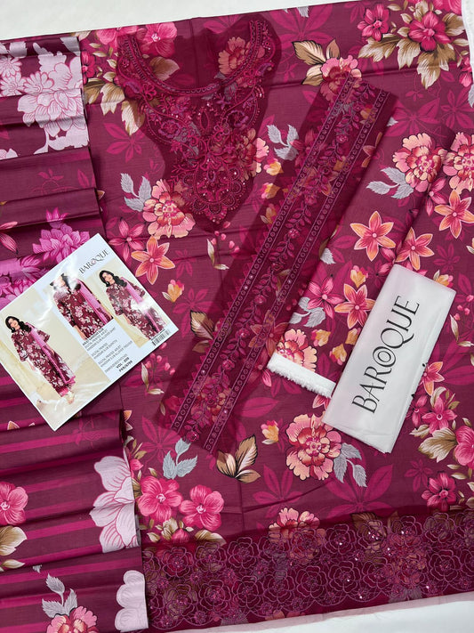 Baroque – VOL - 209 (Maroon Floral) | Digital Printed Airjet Khaddar Slub