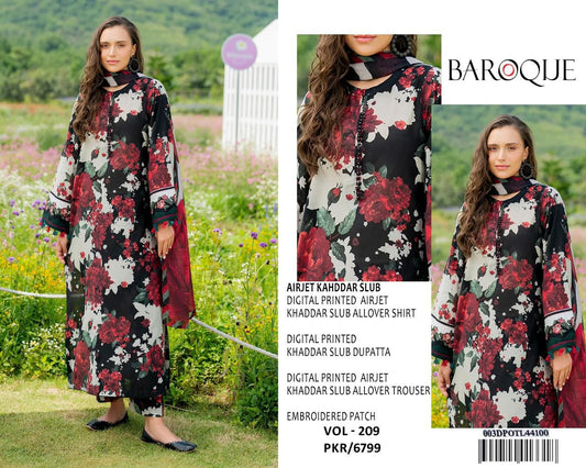 Baroque – VOL - 209 (Dark Floral) | Digital Printed Airjet Khaddar Slub